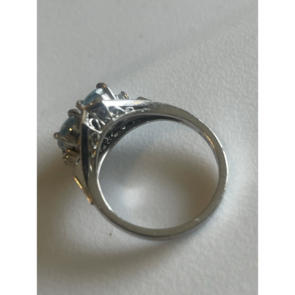 14K White Gold Blue Stone Ring Aquamarine 2 Oval Diamond Accent Vintage Sz 5.5 - Picture 7 of 8